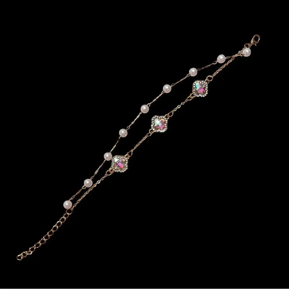 Elegant Iridescent Stone Clover Pearl Double Strand Gold Tone Bracelet